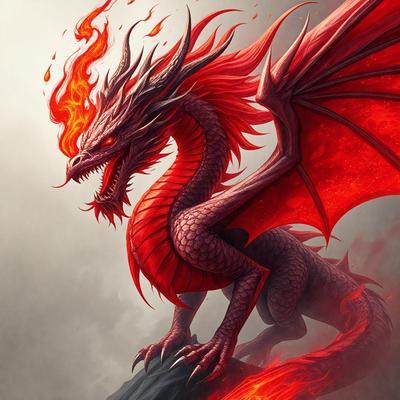 The primary subject of the image is a dragon, which is a large, red, and black creature with a fiery appearance. The dragon is standing on a rock, and its body is adorned with a variety of spikes and scales. The setting appears to be a dark, moody environment, which adds to the dramatic and intense atmosphere of the scene. The visual style of the image is a digital art or illustration, which showcases the intricate details and textures of the dragon's body.